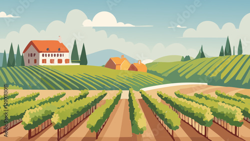 Green vineyards stretch across rolling hills with a rustic farmhouse in the background under a blue sky