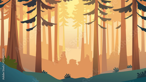 Tranquil forest landscape with golden sunlight filtering through tall trees at dusk