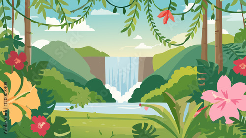 Lush tropical landscape featuring a waterfall surrounded by vibrant flora and rich greenery in sunny weather