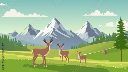 Majestic deer roam freely in a serene mountain landscape with lush greenery and snow-capped peaks