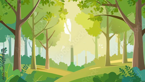 Lush green forest pathway illuminated by soft sunlight filters through the trees in a serene morning setting