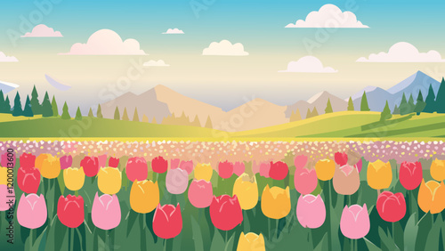 Colorful tulip field under a bright sky with mountains and trees in the distance during a serene morning