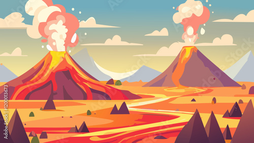 Dual volcanic eruption at sunset with vibrant landscape and billowing smoke