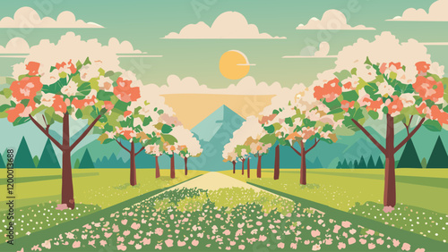 Vibrant spring landscape with blooming trees against a serene mountain backdrop at sunset