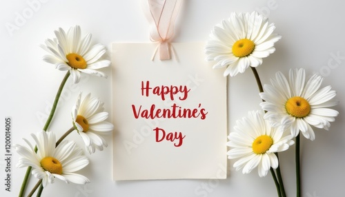 Vibrant White Daisies with Happy Valentine's Day Greeting Card on White Background