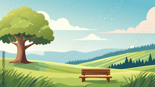 Scenic landscape featuring a bench under a tree with rolling hills and a clear sky at midday