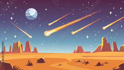 Vivid desert landscape with a night sky filled with shooting stars and a distant planet