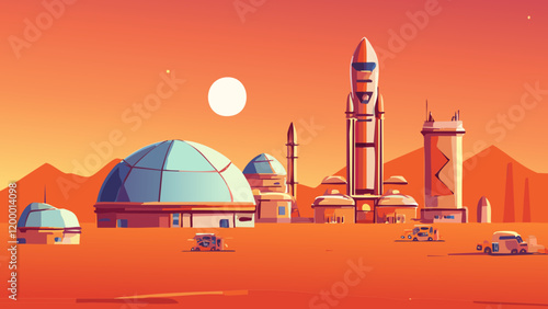 Futuristic Mars colony with rocket launch pad and domed habitats under a red sky at sunset