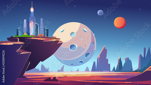 Futuristic cityscape on a distant planet with a large moon and vibrant celestial bodies