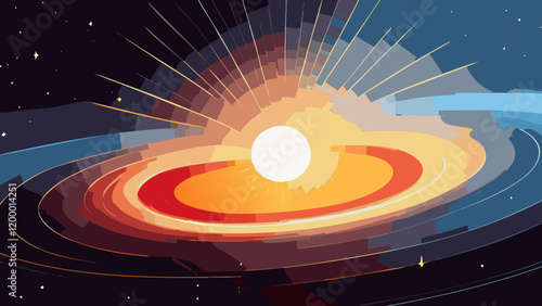 Cosmic explosion showcases vibrant colors and dynamic energy around a central star in a captivating space setting