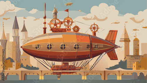 Vintage airship sailing above a whimsical cityscape with towering buildings and soft clouds