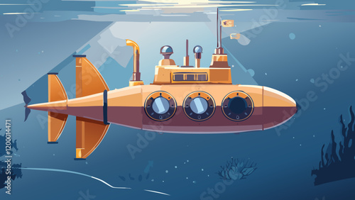 Colorful submarine exploring the underwater world in a vibrant ocean environment