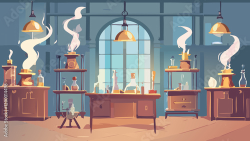 Enchanting alchemy lab filled with bubbling potions and mystical artifacts under warm light