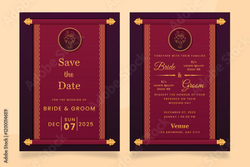 Modern Indian Wedding Invitation with a Scroll Design and Ganesha Emblem, for Wedding Celebration.