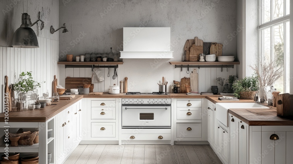 Fototapeta premium A stylish Nordic kitchen featuring sleek white cabinetry, wooden countertops, and Scandinavian design elements.