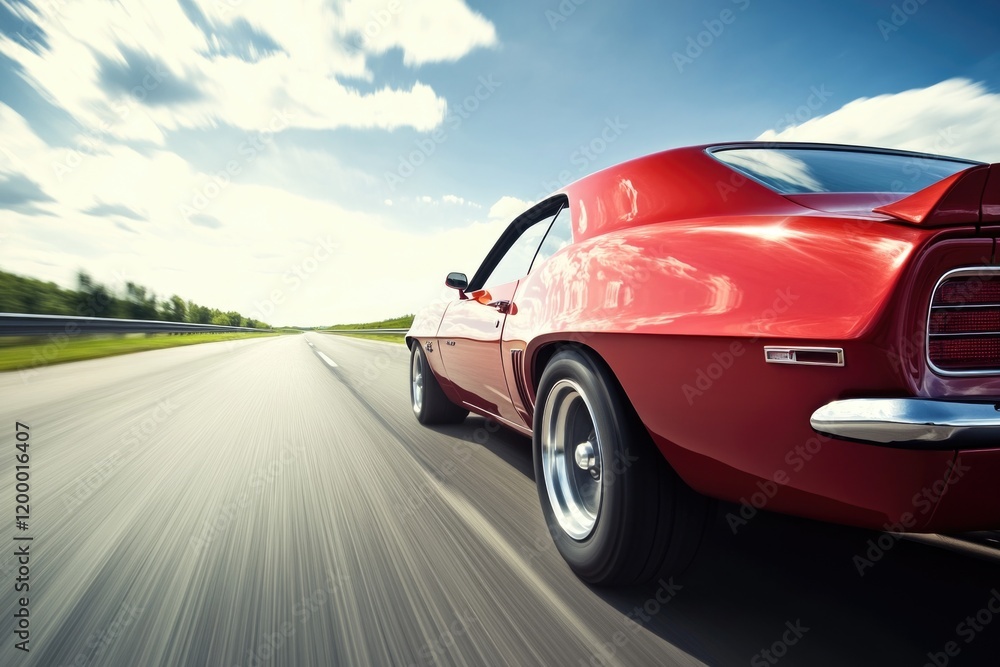 Fototapeta premium A red sports car is driving down a winding road, with a clear blue sky in the background