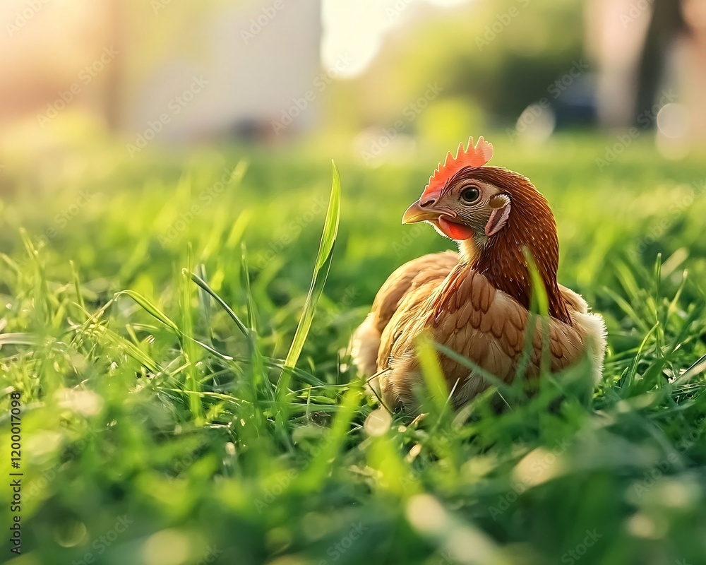 Fototapeta premium Adorable Brown Hen Resting in Lush Green Grass