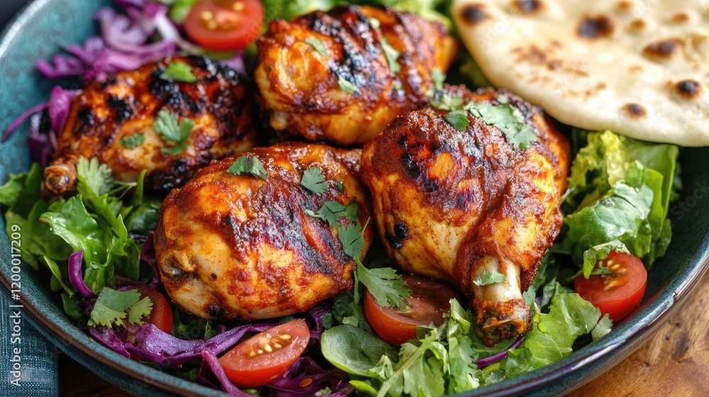 A vibrant plate of hot tandoori chicken with a golden, crispy exterior, served with fresh salad and naan. A vibrant plate of hot tandoori chicken with a golden, crispy exterior, served with fresh salad and naan.