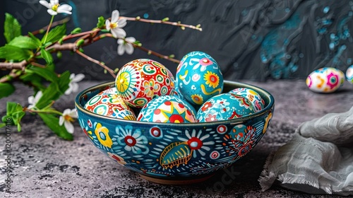 Colorful Easter Eggs in a Decorative Bowl Surrounded by Spring Flowers and a Textured Backdrop photo