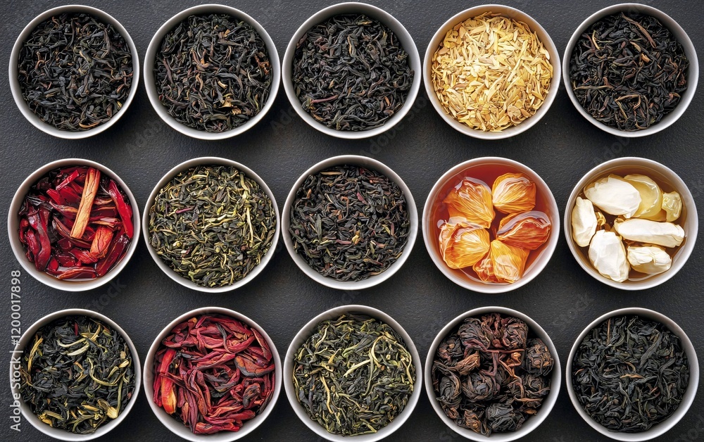 Assortment of Dried Tea Leaves in Bowls Top View Assortment of Dried Tea Leaves in Bowls Top View