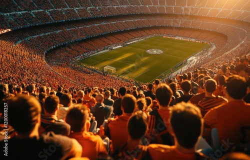 Aerial view of the huge crowd at the Barcelona stadium, filled with fans wearing orange and white, colorful and warm colors, bathed in the soft light of the sunset Generative AI