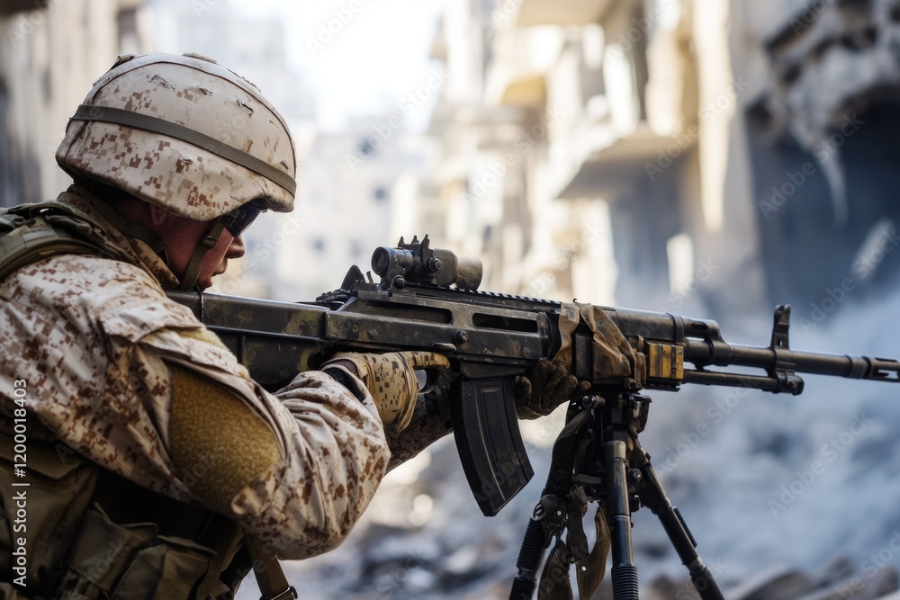 Fototapeta premium A soldier standing on a city street with a machine gun, ready to take action