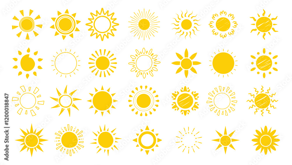 Sun icon set. Yellow sun icons. Shine sun ray set. Sunset icon collection. Yellow sun star icons. Hot solar energy for tan. Vector illustration Sun icon set. Yellow sun icons. Shine sun ray set. Sunset icon collection. Yellow sun star icons. Hot solar energy for tan. Vector illustration