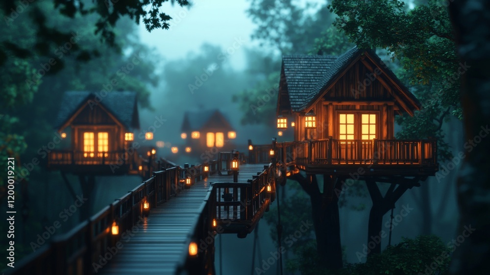 Enchanting treehouses nestled in a misty forest, illuminated by warm, glowing lanterns, inviting a sense of wonder and tranquility. Enchanting treehouses nestled in a misty forest, illuminated by warm, glowing lanterns, inviting a sense of wonder and tranquility.