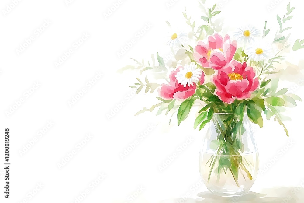 Watercolor Peonies & Daisies in Clear Glass Vase, Sunlit Background Watercolor Peonies & Daisies in Clear Glass Vase, Sunlit Background