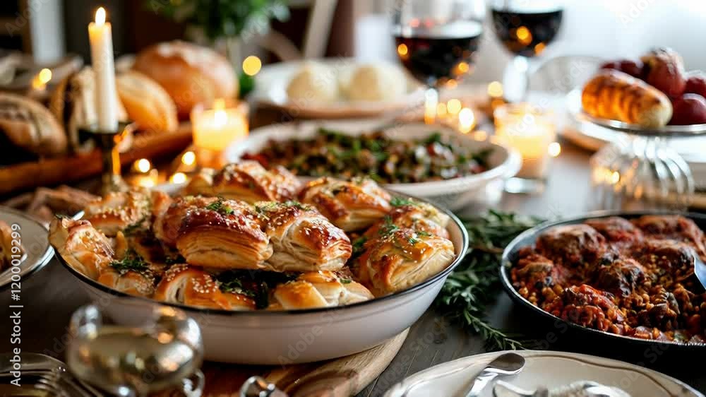 Purim Festive holiday dining table with delicious bread and appetizers with candlelit ambiance Purim Festive holiday dining table with delicious bread and appetizers with candlelit ambiance