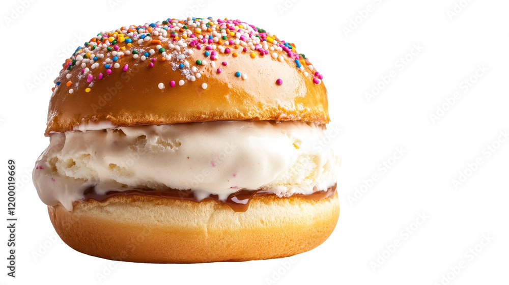 Delicious donut ice cream sandwich topped with colorful sprinkles. transparent background