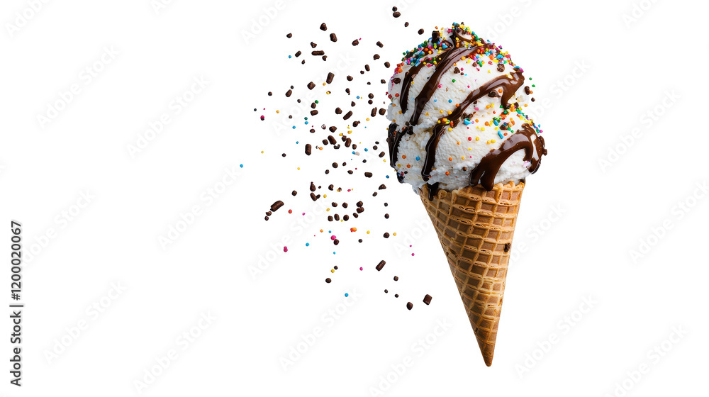 Delicious ice cream cone topped with chocolate and sprinkles. transparent background Delicious ice cream cone topped with chocolate and sprinkles. transparent background