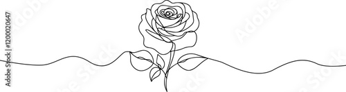 Rose one line drawing. Abstract flower continuous line. Minimalist contour drawing of rose . Continuous line drawing of flower rose . Hand drawn sketch of flower with leaves.