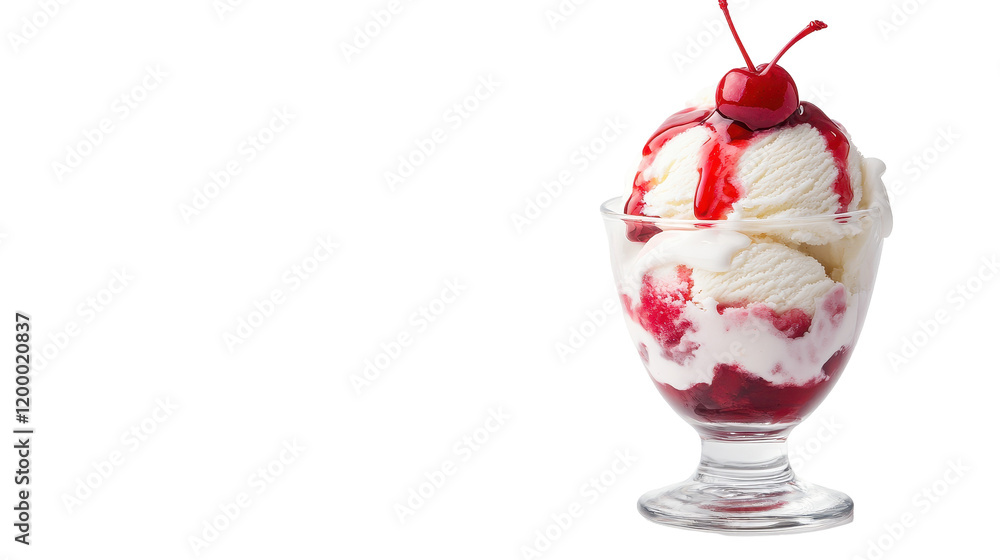 Delicious ice cream sundae with cherries and strawberry syrup. transparent background Delicious ice cream sundae with cherries and strawberry syrup. transparent background