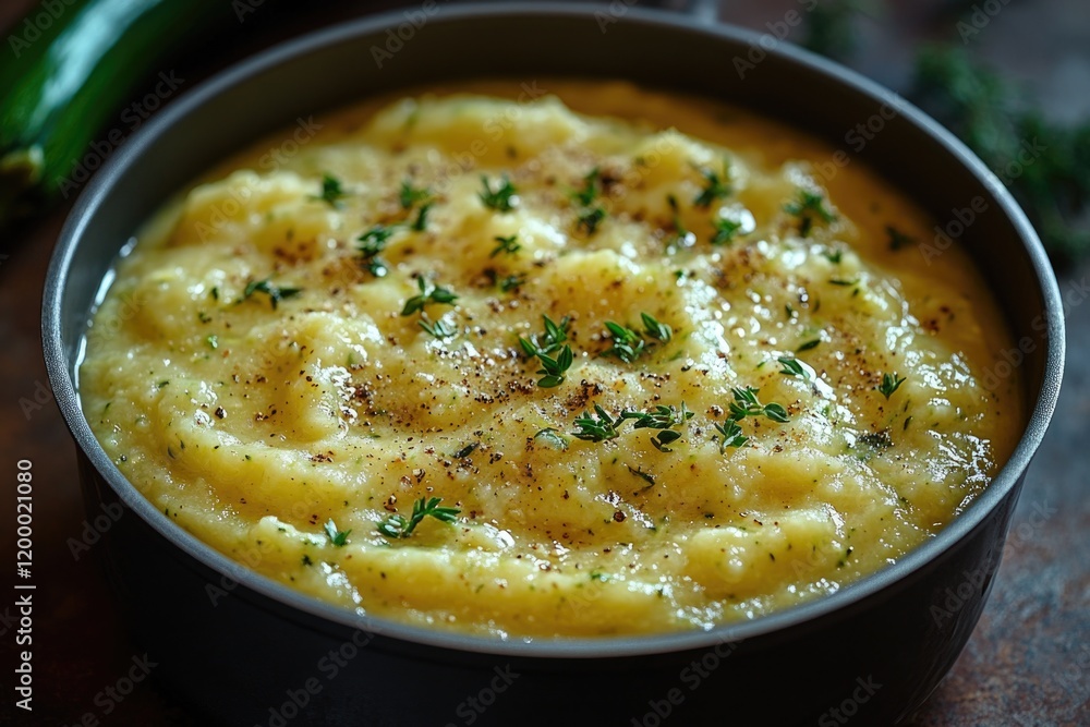 A bowl of creamy mashed potatoes garnished with fresh herbs A bowl of creamy mashed potatoes garnished with fresh herbs