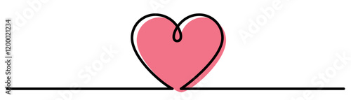 Vector illustration of a pink heart outlined in black, positioned on a clean horizontal line, symbolizing love and balance.