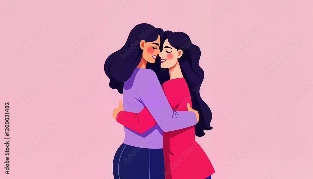 Two women hugging with joyful expressions on pink background Two women hugging with joyful expressions on pink background