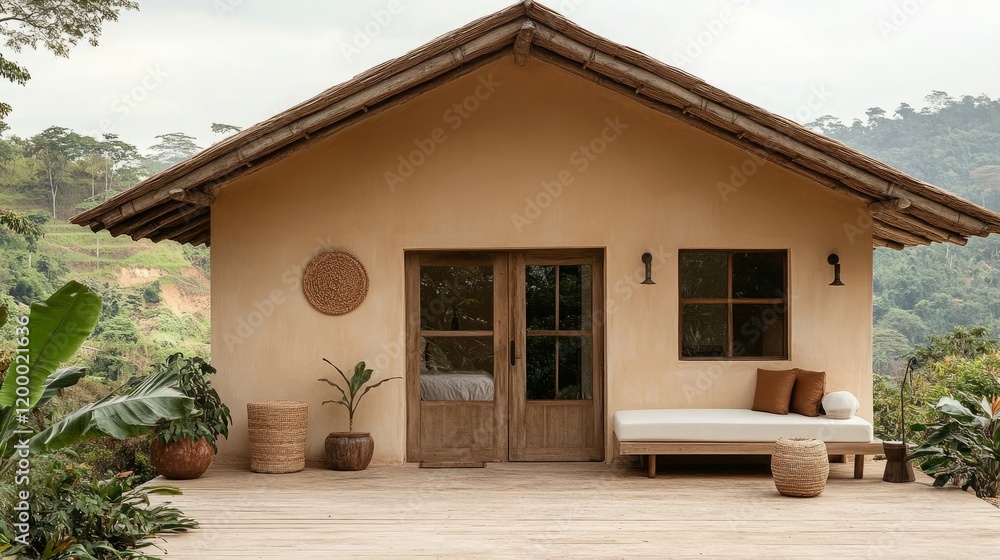 Obraz premium Surrounded by lush greenery, this eco-friendly bungalow offers a serene space for unwinding. Enjoy the tranquil atmosphere and rejuvenating views in a peaceful setting perfect for leisure