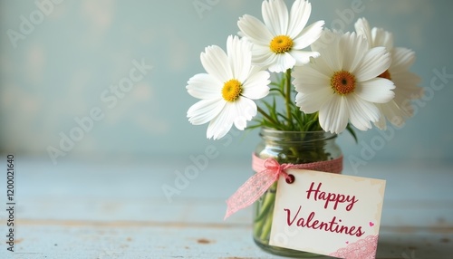 Lovely Valentine's Day Card Arrangement: White Daisies, Pink Ribbon, and Wooden Surface