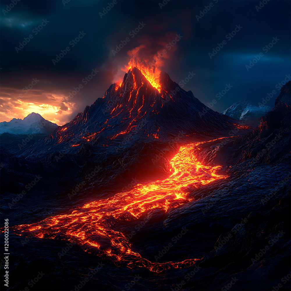 Fototapeta premium Epic Volcanic Eruption at Twilight with Glowing Lava and Dramatic Mountain Landscape 