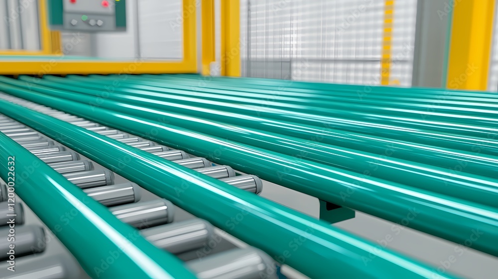 Fototapeta premium A close-up view of a modern conveyor system featuring sleek, teal rails and metallic rollers, highlighting its industrial design and functionality.