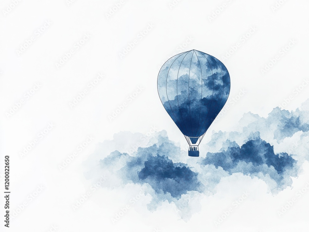 Fototapeta premium A striking cut-out graphic of a hot air balloon in monochromatic shades of blue, floating over sharp-edged geometric clouds in gradient white and grey tones, set against a pure white background for hi