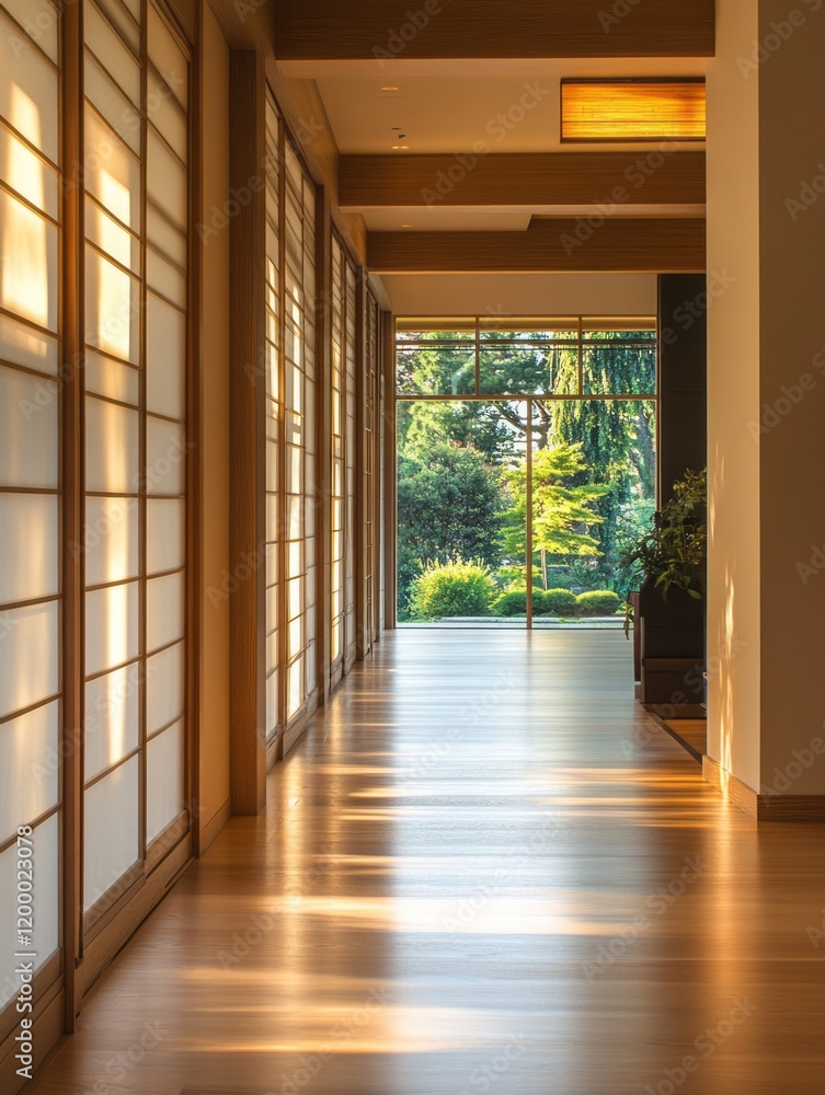 Sunlit Corridor with Shoji Screens and Garden View Sunlit Corridor with Shoji Screens and Garden View