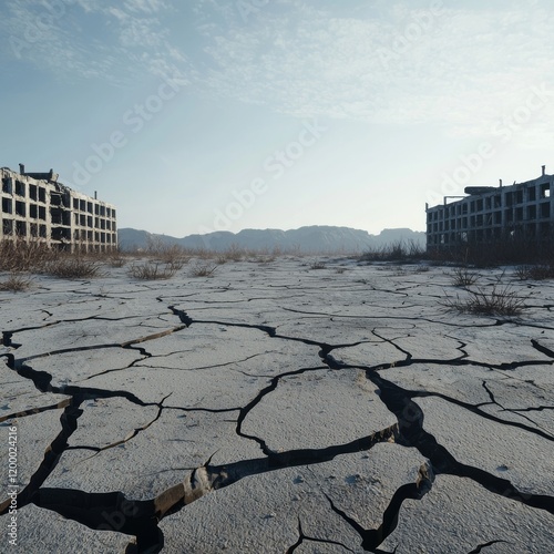 A barren landscape with cracked earth and abandoned buildings, showcasing the impact of environmental change and neglect. photo