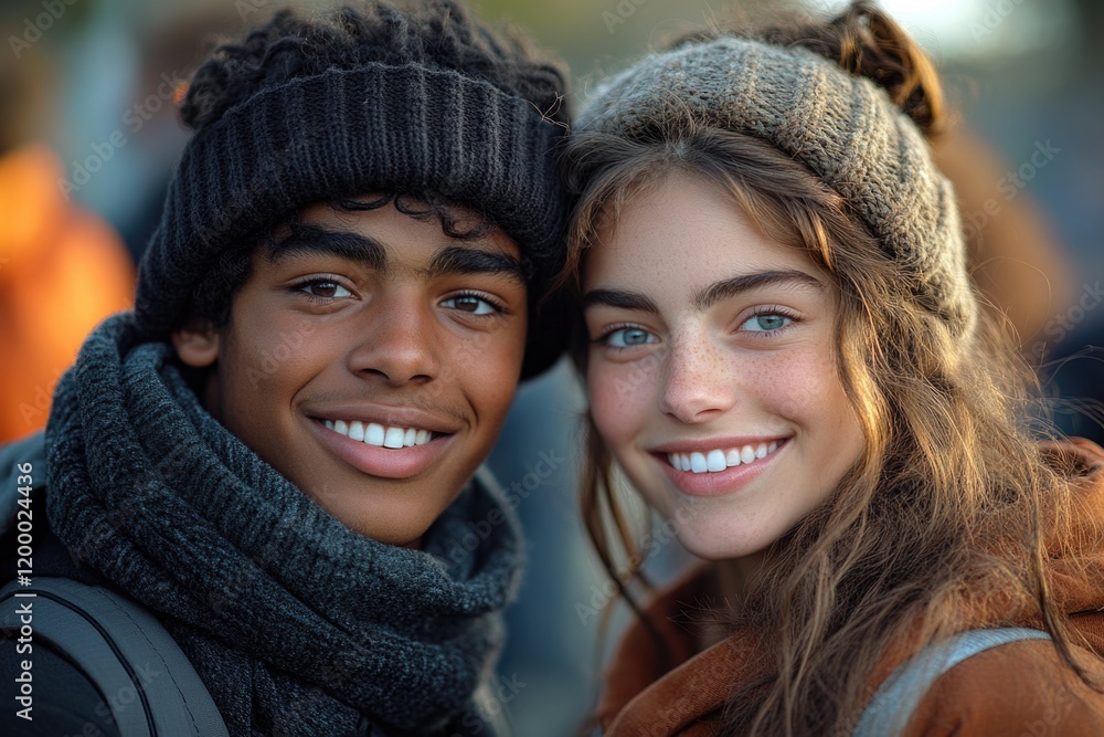 Obraz premium A pair of young adults standing side by side, probably in love or celebrating a special moment