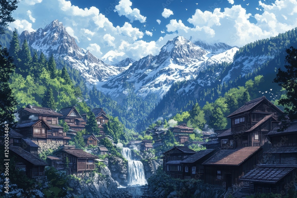 Mountain Village Waterfall Scene Idyllic Tranquil Setting Mountain Village Waterfall Scene Idyllic Tranquil Setting
