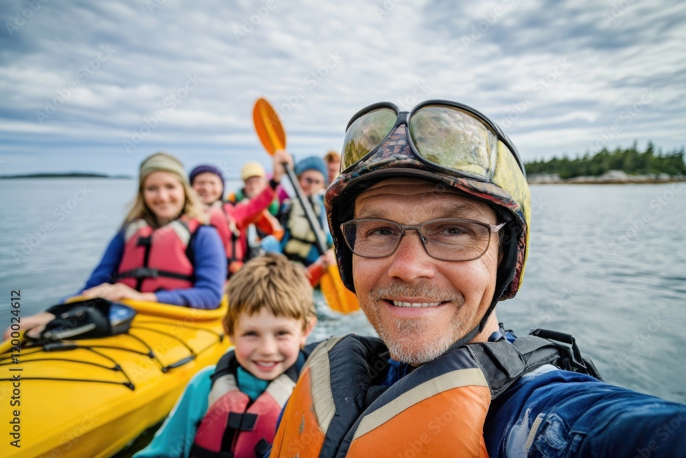 A person taking a photo of himself with friends paddling kayaks on calm waters A person taking a photo of himself with friends paddling kayaks on calm waters