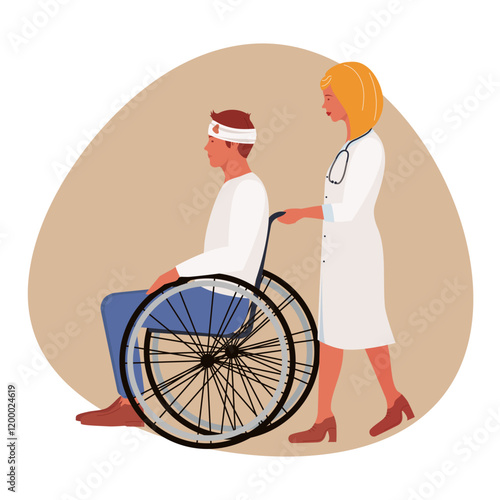 A woman doctor is carrying a man with a head injury in a wheelchair for examination. 