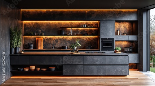 Modern dark kitchen with island, shelves, and warm lighting. photo