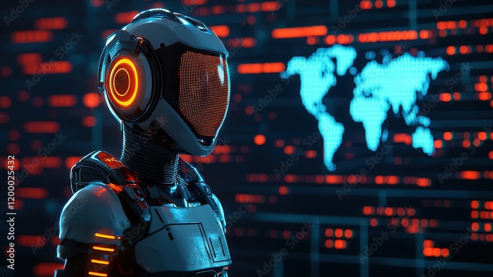 AI Virtual Assistant and communication concept. Futuristic robot with glowing elements against a digital backdrop featuring a world map. AI Virtual Assistant and communication concept. Futuristic robot with glowing elements against a digital backdrop featuring a world map.